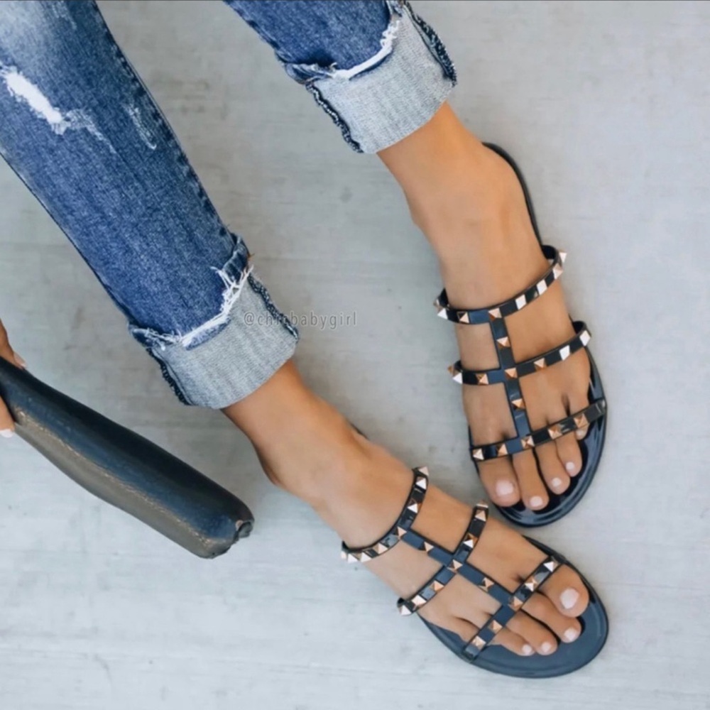 Treasured Gold Studded Water Resistant Sandal Black Women’s Multi Sizes NIB - Picture 2 of 9